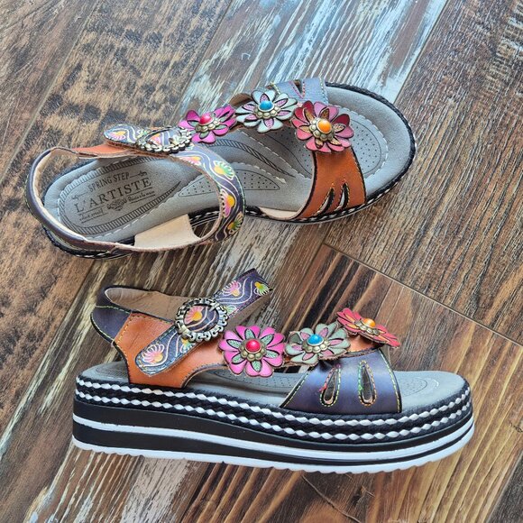 L'Artiste Spring Step Laga Leather Floral Ornament Platform Sandal Open Toe - Picture 2 of 15